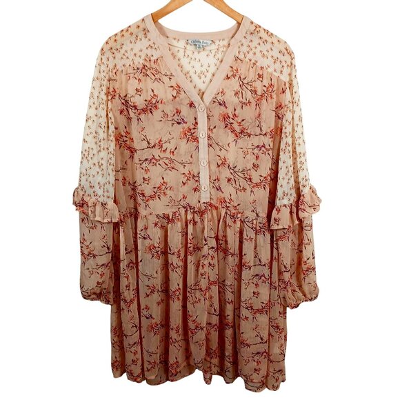 Ophelia Roe Tops - Ophelia Roe XL Peach Floral Top, Oversized, Billowy, Ruffles, Balloon Sleeve